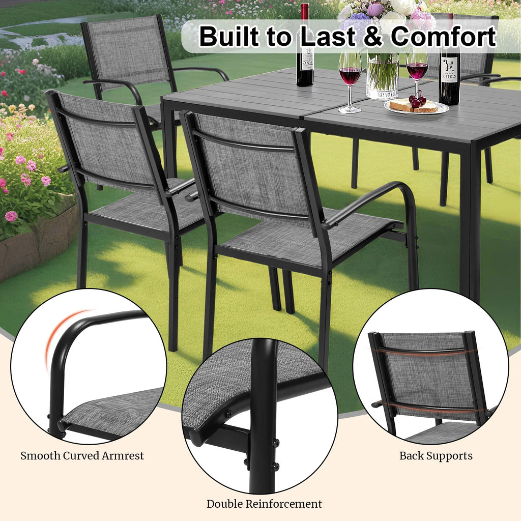 Seizeen 7-Piece Outdoor Table and Chairs, Patio Table Set with 6 Rattan Chairs, All-weather Outdoor Patio Dining Sets Rectangular Metal Table with Acacia Wood Top, Umbrella Hole, Gray