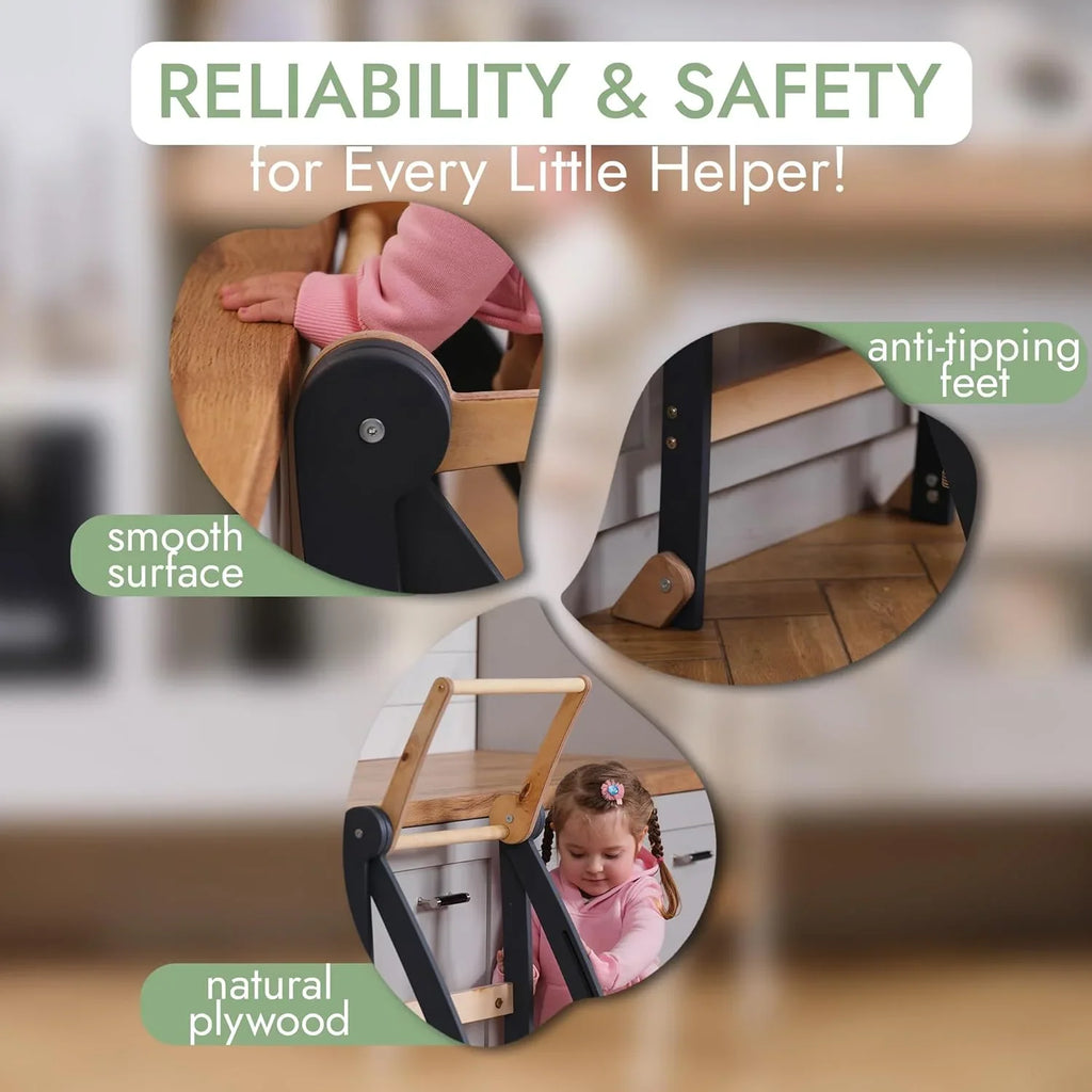Folding Wooden Kitchen Standing Stool for Toddlers �C Safe & Compact Learning Step Stool, Ages 18 Months+