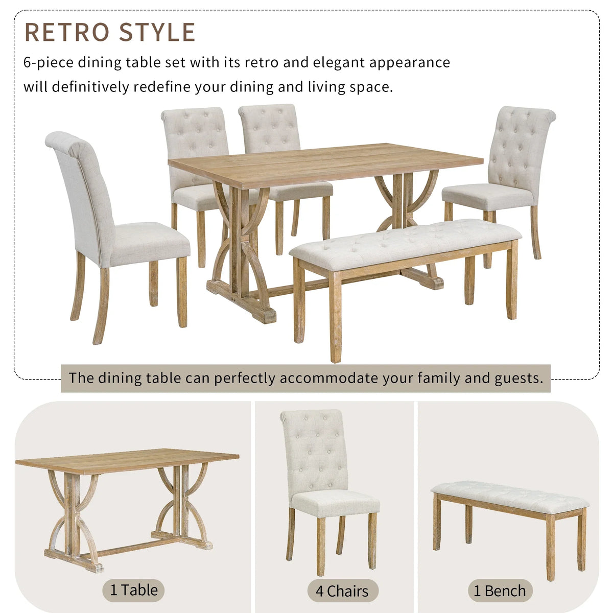 Besthome 6-Piece Retro Rectangular Dining Table Set, Table with Unique Legs and 4 Upholstered Chairs & 1 Bench for Dining Room and Kitchen (Natural Wood Wash)