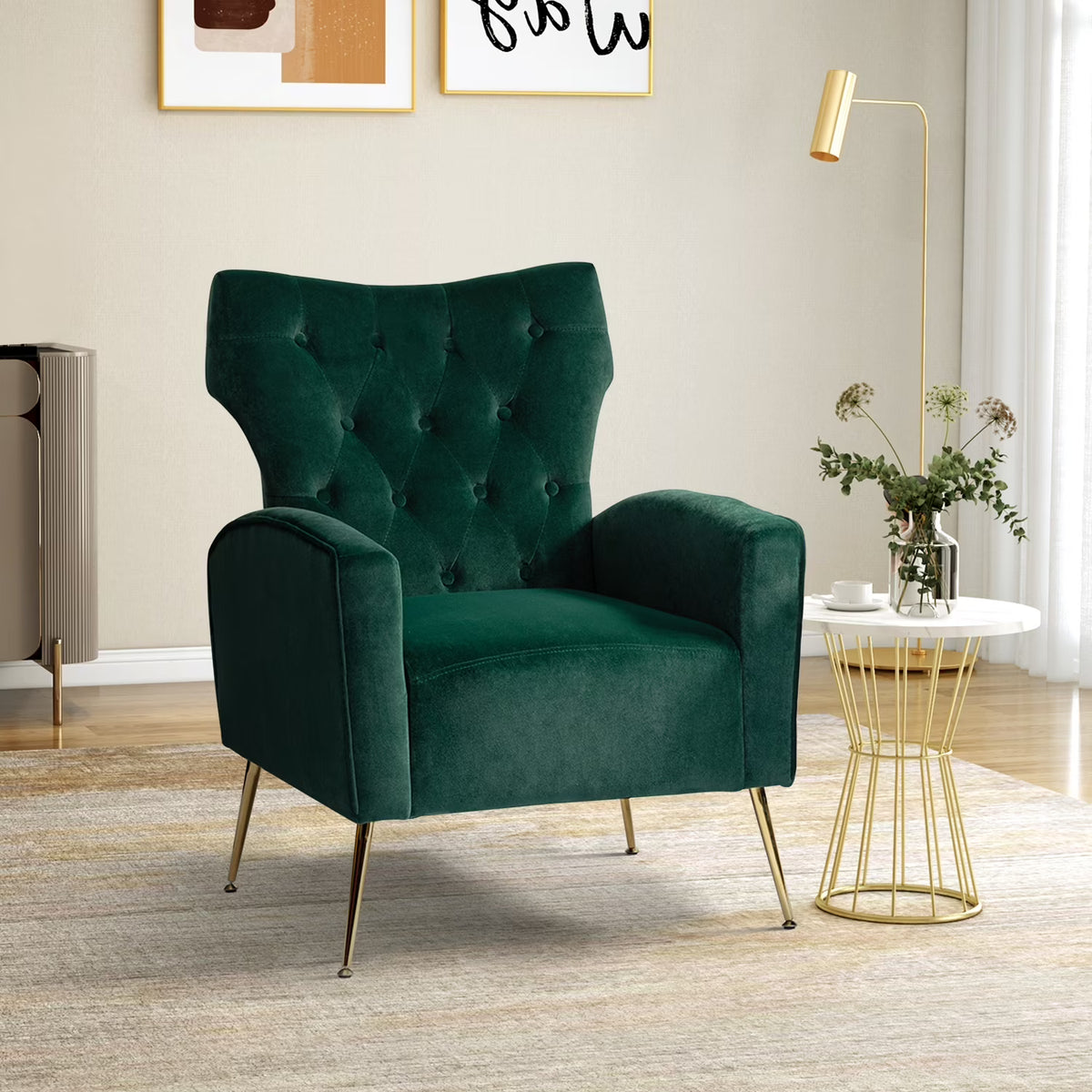 Modern Velvet Accent Chair Upholstered Sofa Armchair Button Tufted Metal Legs Adult Bedroom Home Living Room Grey