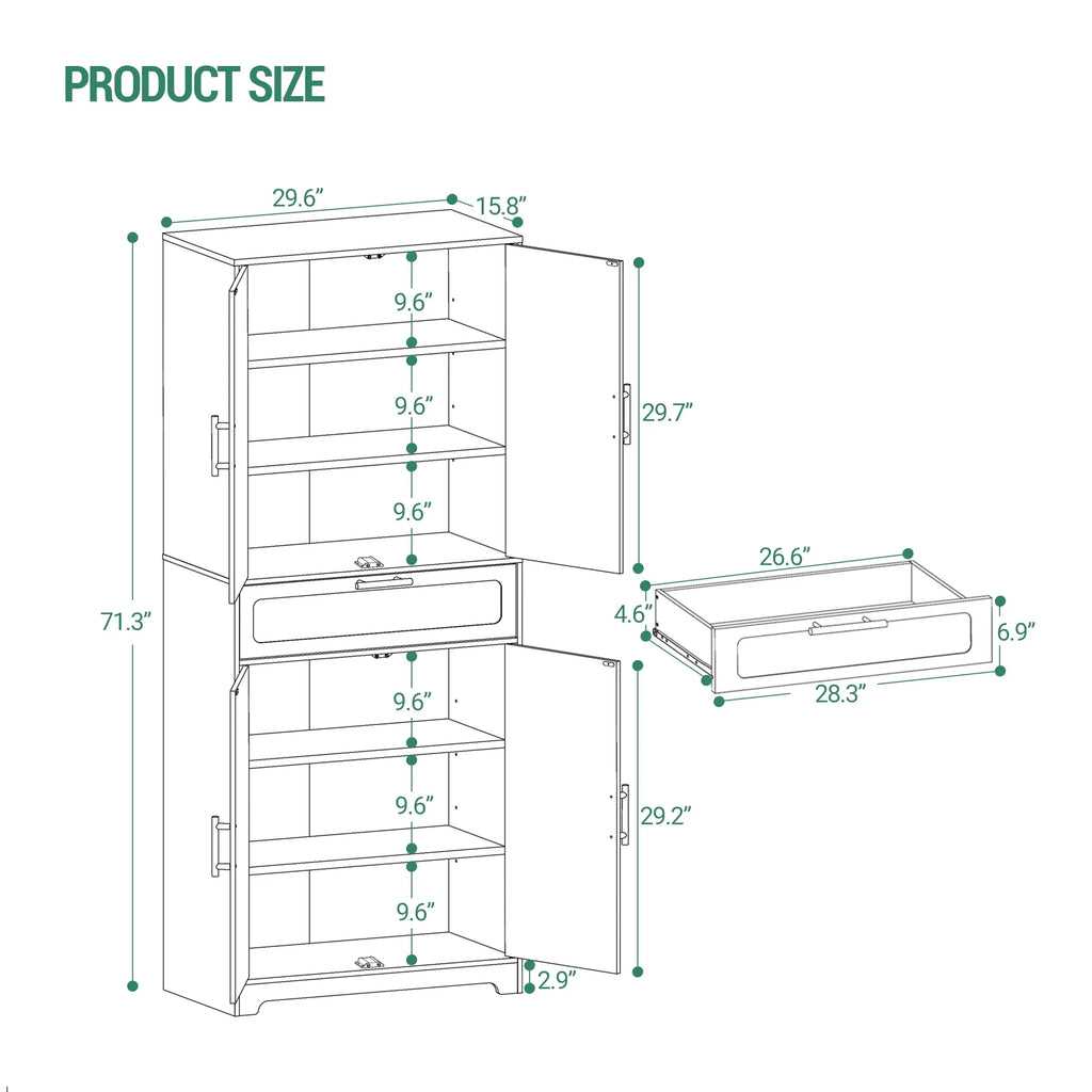 Kitchen Pantry Storage Cabinet, Freestanding Storage Cabinet with 4 Adjustable Shelves