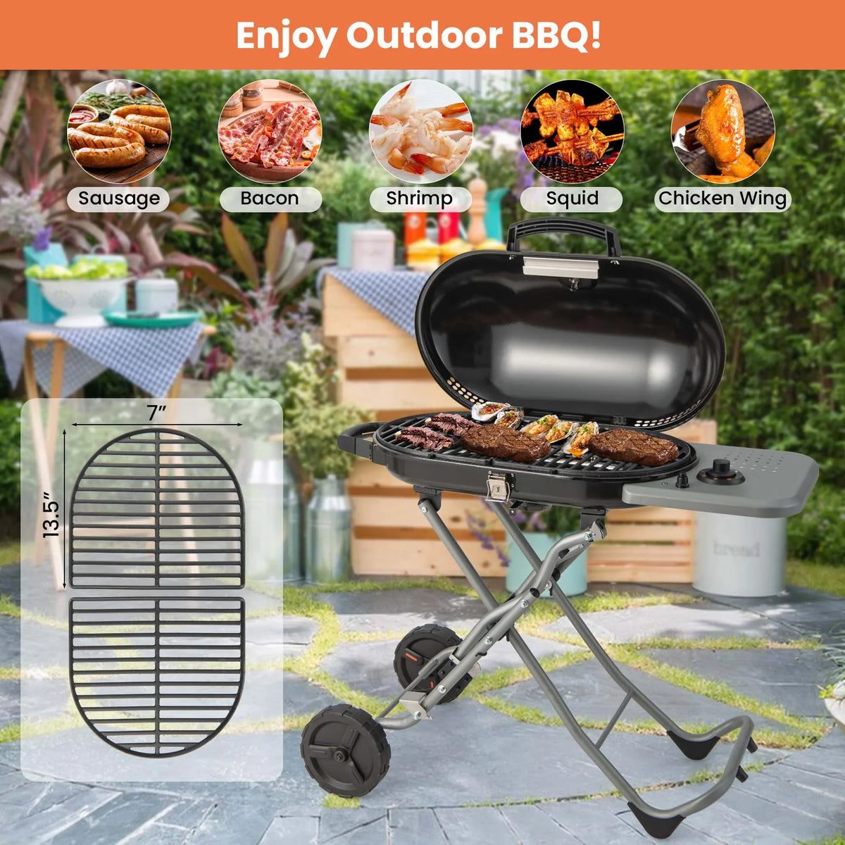 Costway Portable Propane Grill Folding Gas Grill Griddle with Wheels & Side Shelf