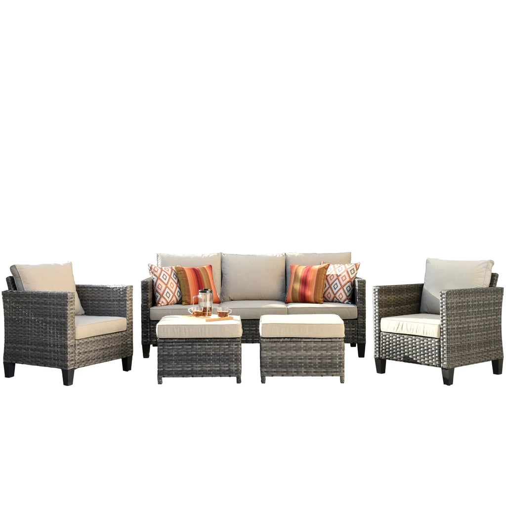 Ovios 5 Pieces Outdoor Patio Furniture Set Wicker Rattan Outdoor Conversation Comfortable Sectional Sofa with Steel Frame, Grey