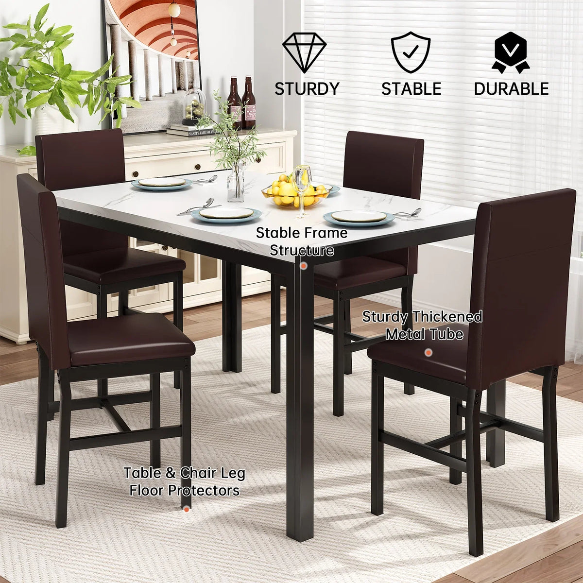 AWQM Dining Table Set of 4, Faux Marble 5 Piece Dining Room Table Set with PU Leather Chairs, Rectangular Kitchen Table Set for Apartment, Dining, White