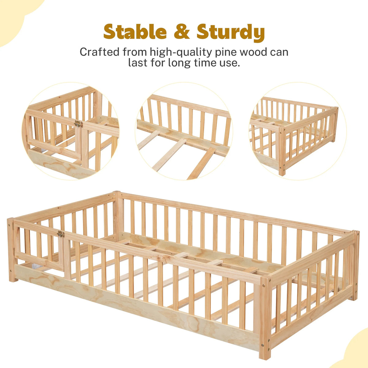 PAPROOS Twin Size Floor Bed, Solid Wood Toddler Bed with Slat, Fence Guardrail and Door, No Box Spring Needed, Montessori Bed, Twin Bed for Kids, Boys, Girls, Gray