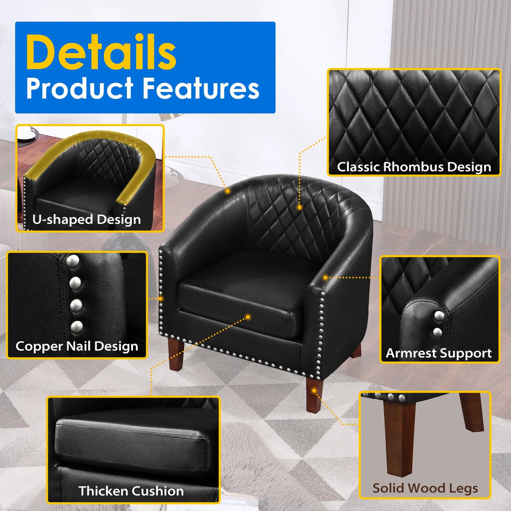 Barrel Accent Chair for living room, modern Leather Club Barrel Chair comfy Reading Armchair for Bedroom, Brown