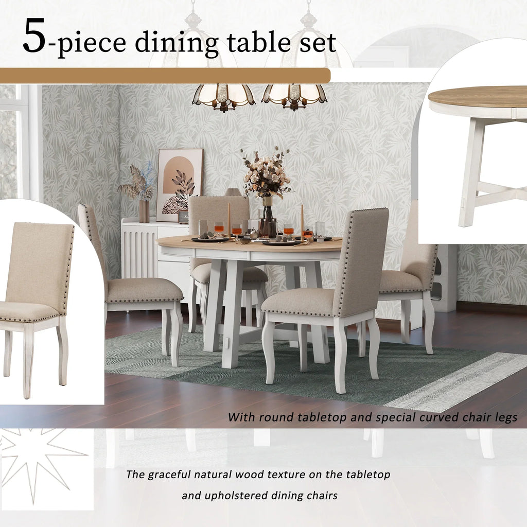 Harper & Bright Designs Round Extendable Dining Table Set for 4, 5 Piece Farmhouse Wood Dining Table Set with 4 Upholstered Dining Chairs, Natural Wood Wash