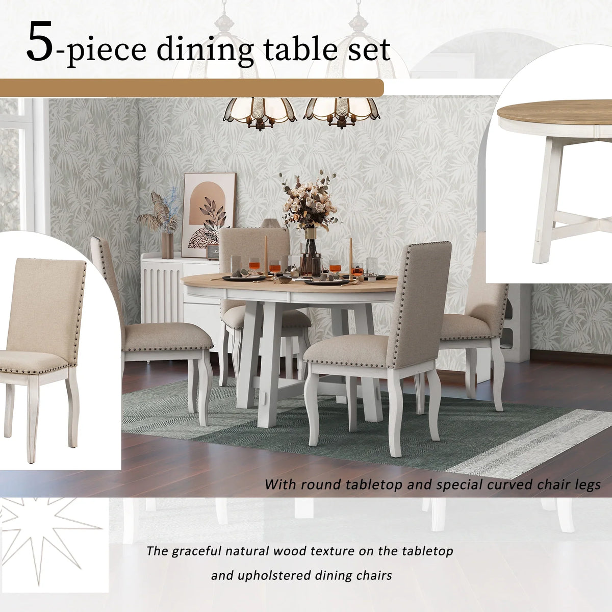 Harper & Bright Designs Round Extendable Dining Table Set for 4, 5 Piece Farmhouse Wood Dining Table Set with 4 Upholstered Dining Chairs, Natural Wood Wash