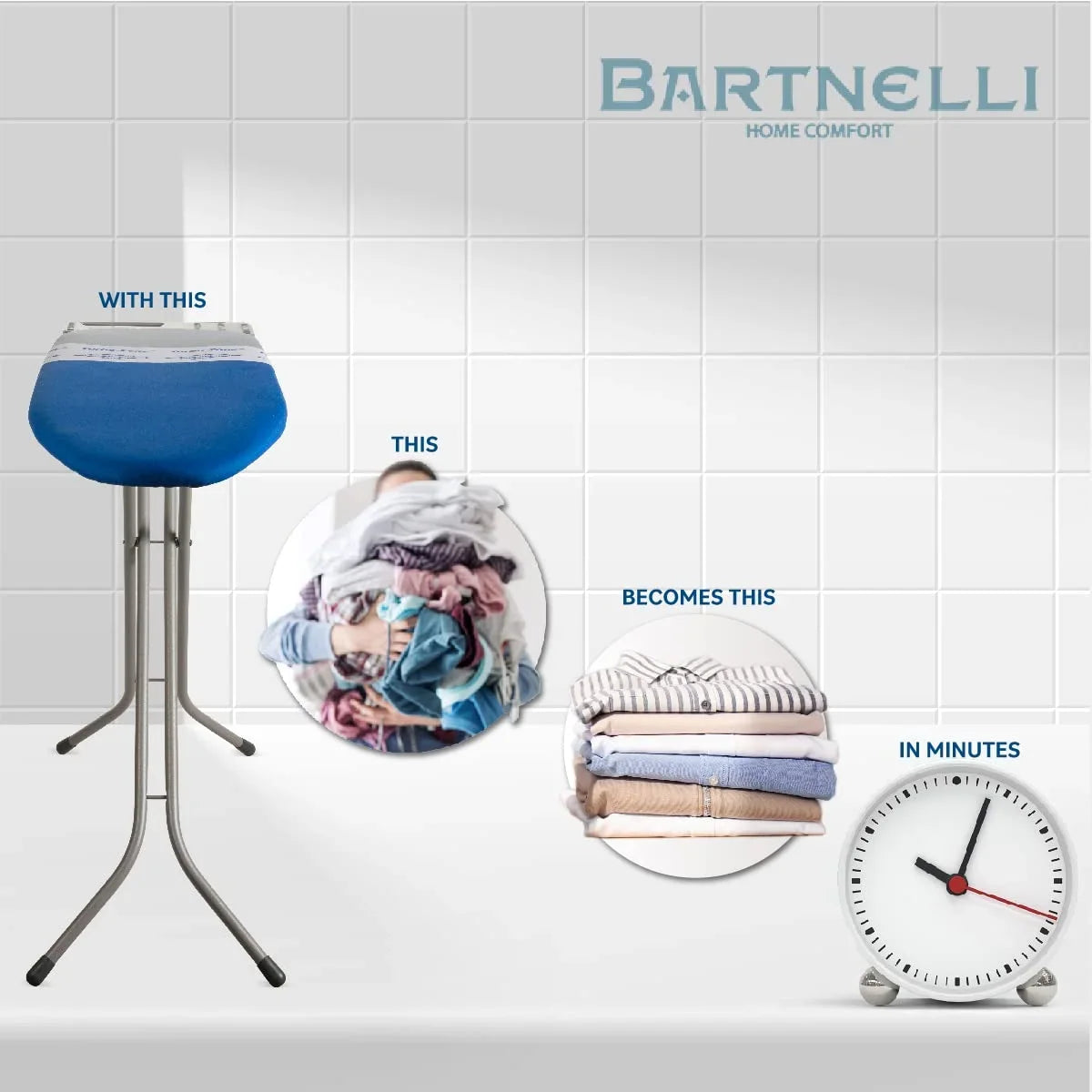 Bartnelli Heavy Duty European Made Ironing Board with Turbo & Park Zone & 4-Layer Cover Pad, Navy Blue 48x15" Iron Surface With Upgraded iron Rest