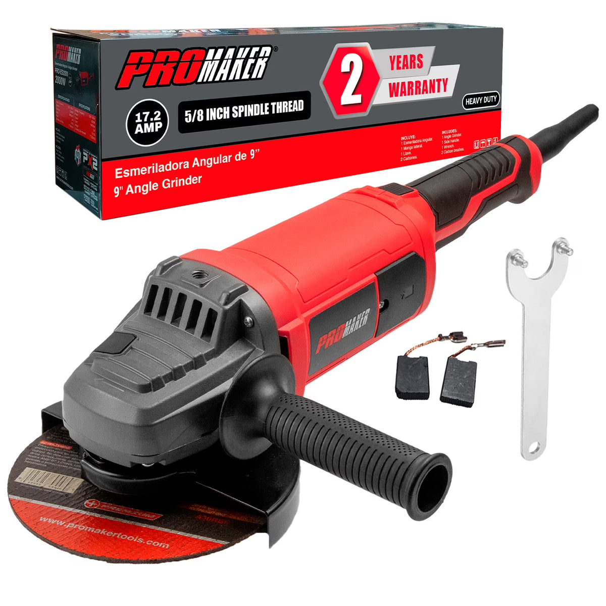 PROMAKER 9 inch Angle grinder, 17.2 AMP 6300 RPM, Heavy Duty Angle Grinder with two (2) extra Carbon brushes. Electric metal grinder tool with Soft Start Technology PRO-ES2009
