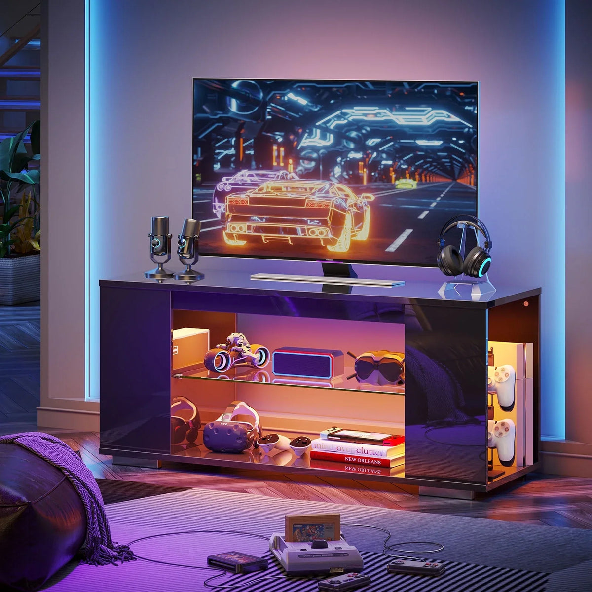 Pinmoco 47'' TV Stand for TVs up to 55", Gaming Entertainment Center with LED Lights, Black