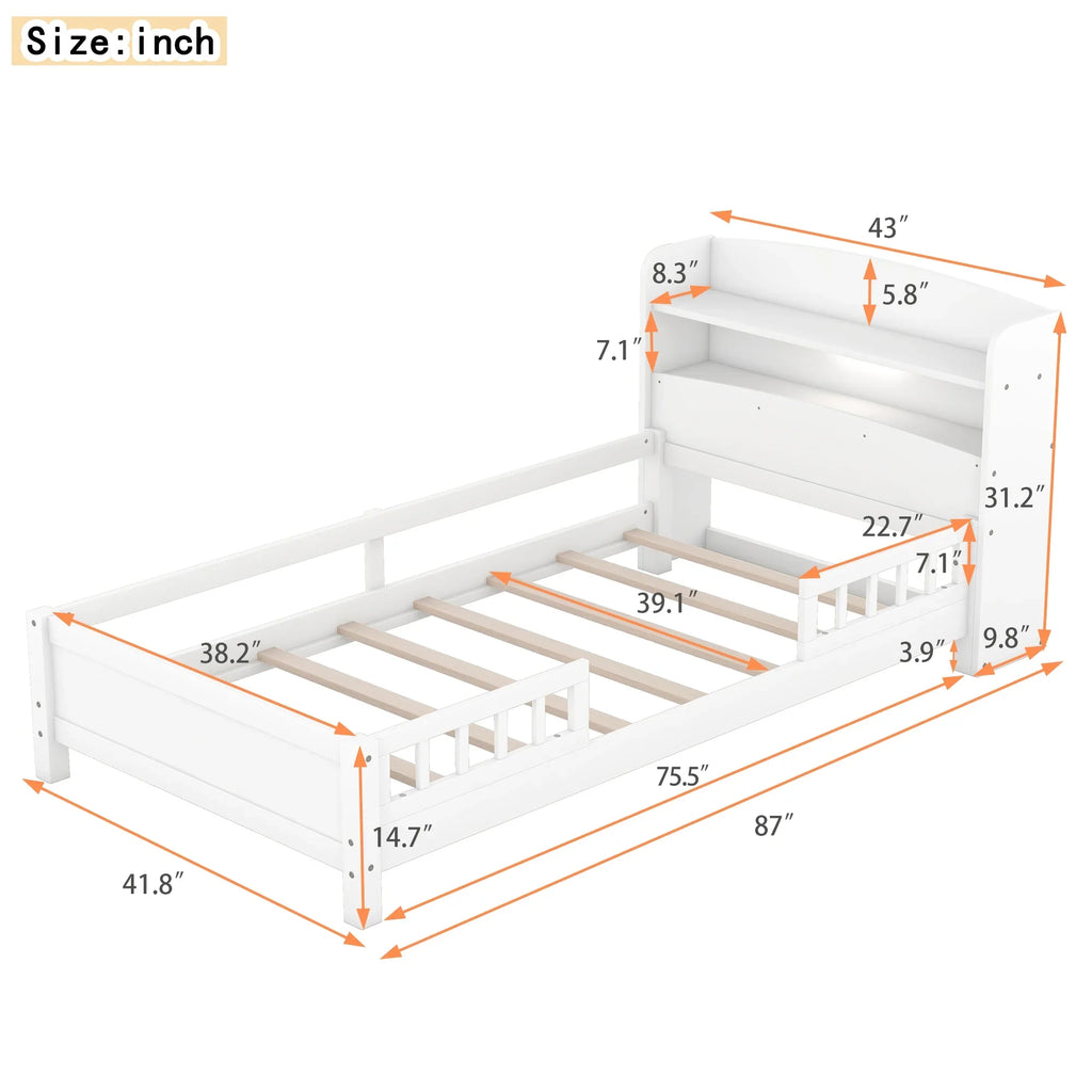 Euroco Wood Twin Size Platform Bed with Storage Headboard, Shelves and LED Light for Kids, Gray