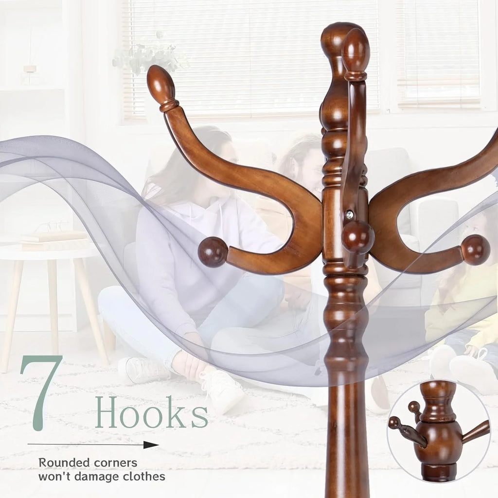 swing 73" Wooden Coat Rack Stand,Coat Racks Freestanding With 14 Hooks And Solid Round Base Heavy Duty Adjustable Height Hall Tree Coat Rack for Entryway Hallway Foyer Office Bedroomf