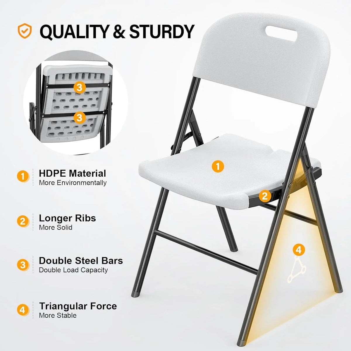 DYUKFG Folding Chairs, Heavy Duty Foldable Chair Portable HDPE Plastic Seat with Steel Frame for Indoor Outdoor Dinning Party Wedding School Use, White, 6 Pack