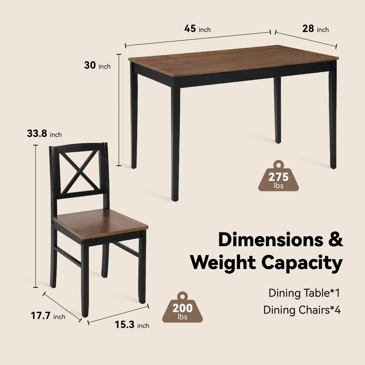Seizeen Solid Wood Kitchen Table and Chairs, Dining Room Table Set for 4 with Gray Upholstered Chairs, Wood Grain Table Heavy-Duty Frame, Rustic Minimalist Style Breakfast Nook Set