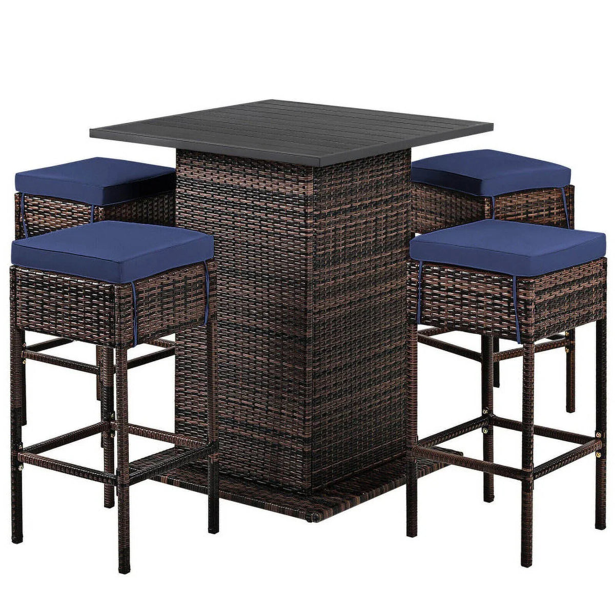 Kadyn Patio Conversation Table Chair Set, Outdoor Collection Set, 5 Pieces Patio Rattan Bar Table Stool Set Hidden Storage Shelf Cushioned-Navy