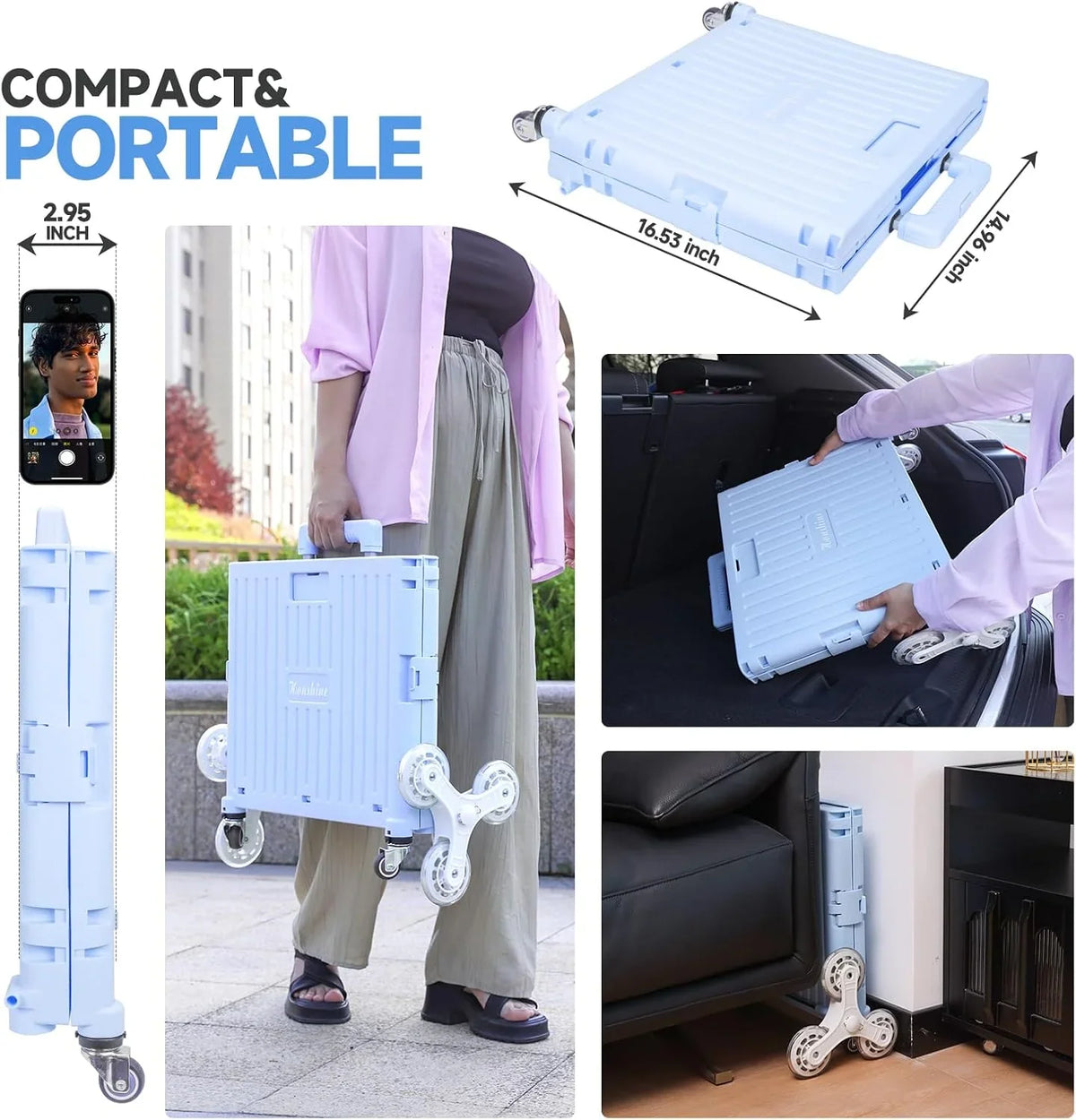 Collapsible Rolling Crate for Stair Climbing: Rolling Cart for Shopping Teacher Laundry (Milky White)