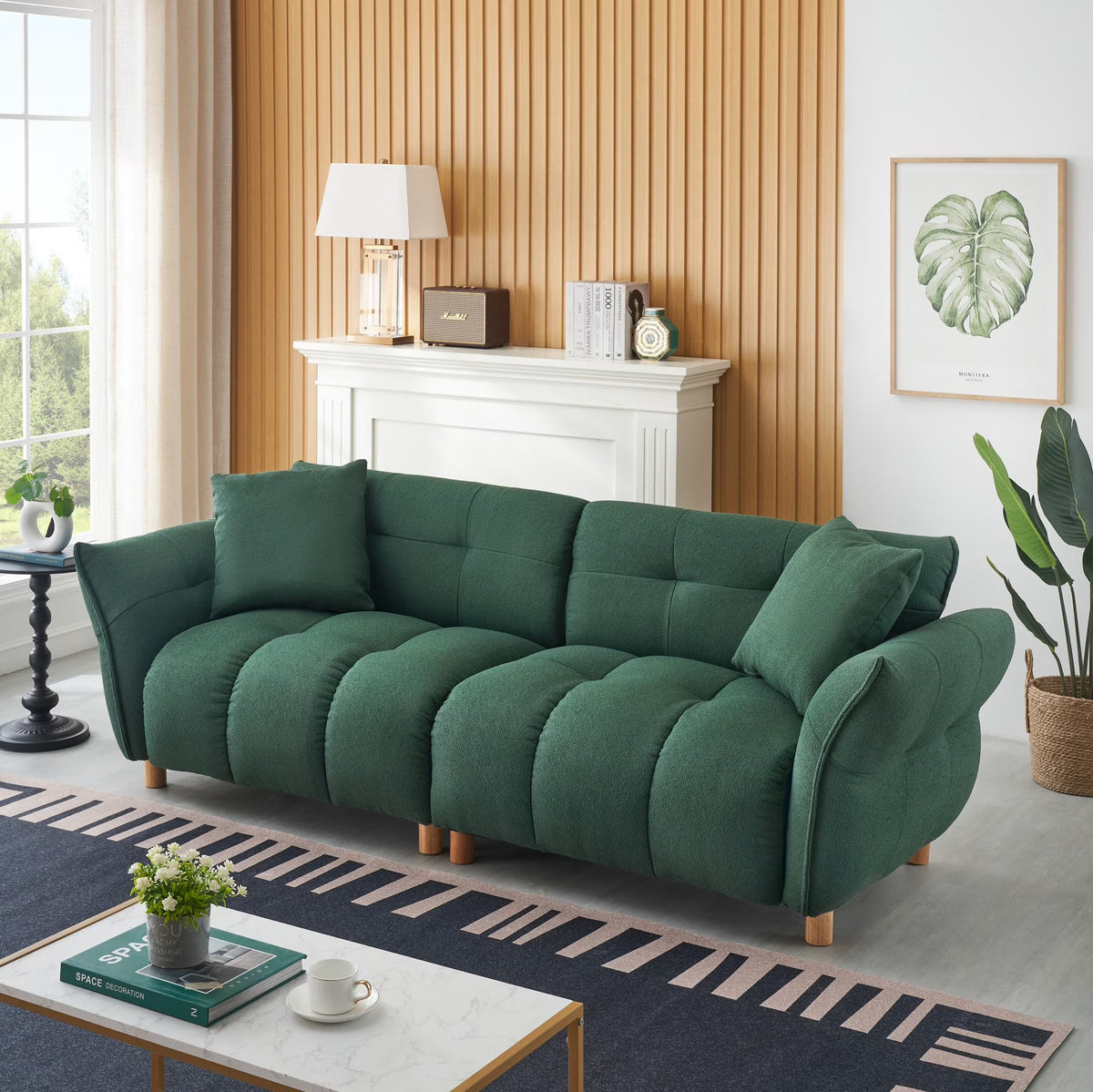 93" Sofa Couch for Living Room,Teddy Upholstered Sofa,3 Seater Couch with 2 Pillows for Apartment,Bedroom,Office,Green