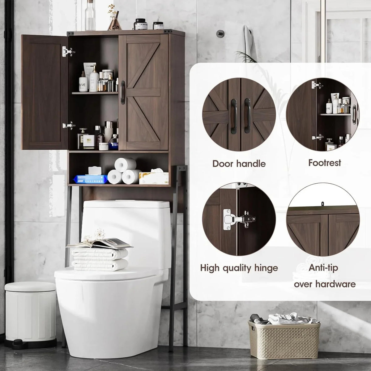Vabches Over The Toilet Storage Cabinet, 68" H Farmhouse Freestanding Bathroom Storage Organizer with Double Doors & Storage Shelves