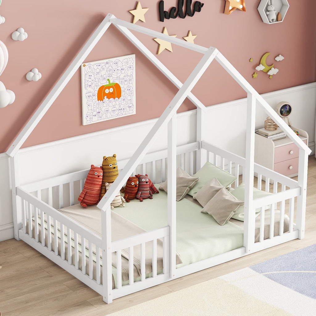 Bellemave Twin Size Floor Bed Frame, Wooden House Bed Twin Size with Fence, Montessori Bed with Guardrails for Bedroom (White)