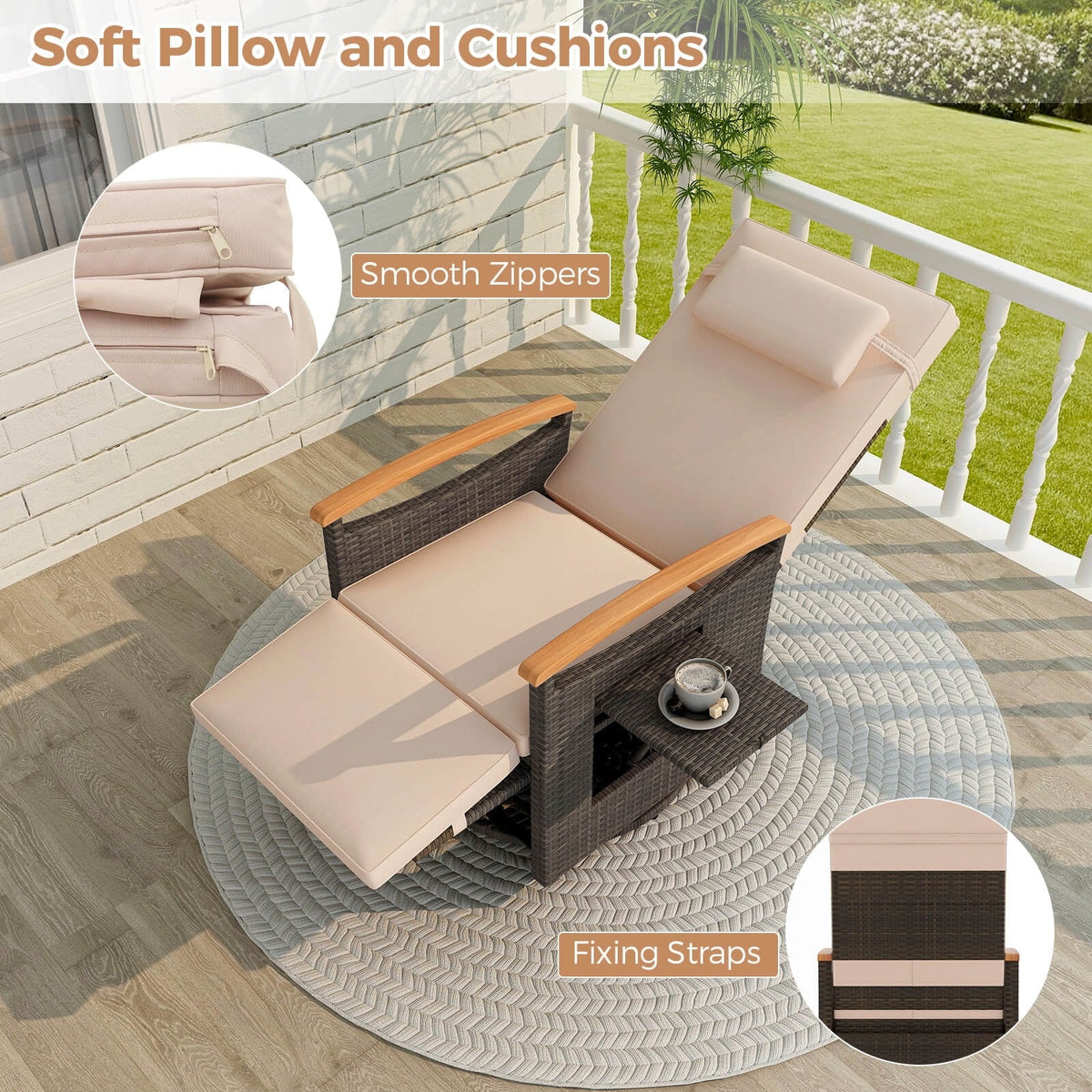 Costway Outdoor 360" Swivel Rattan Recliner Chair Patio Wicker Chaise Lounge Chair Beige