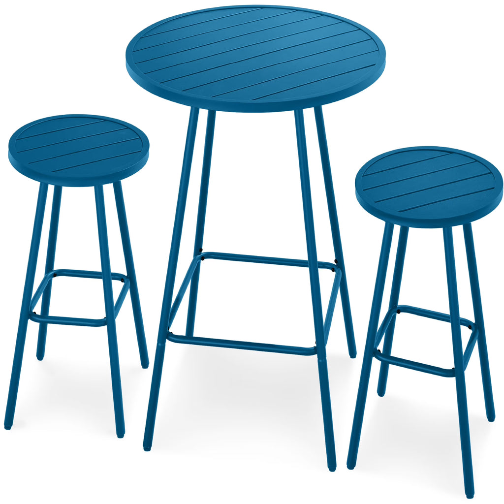 Best Choice Products 3-Piece Steel Patio Bar Height Round Bistro Set w/ Backless Stools, Slatted Design - Black