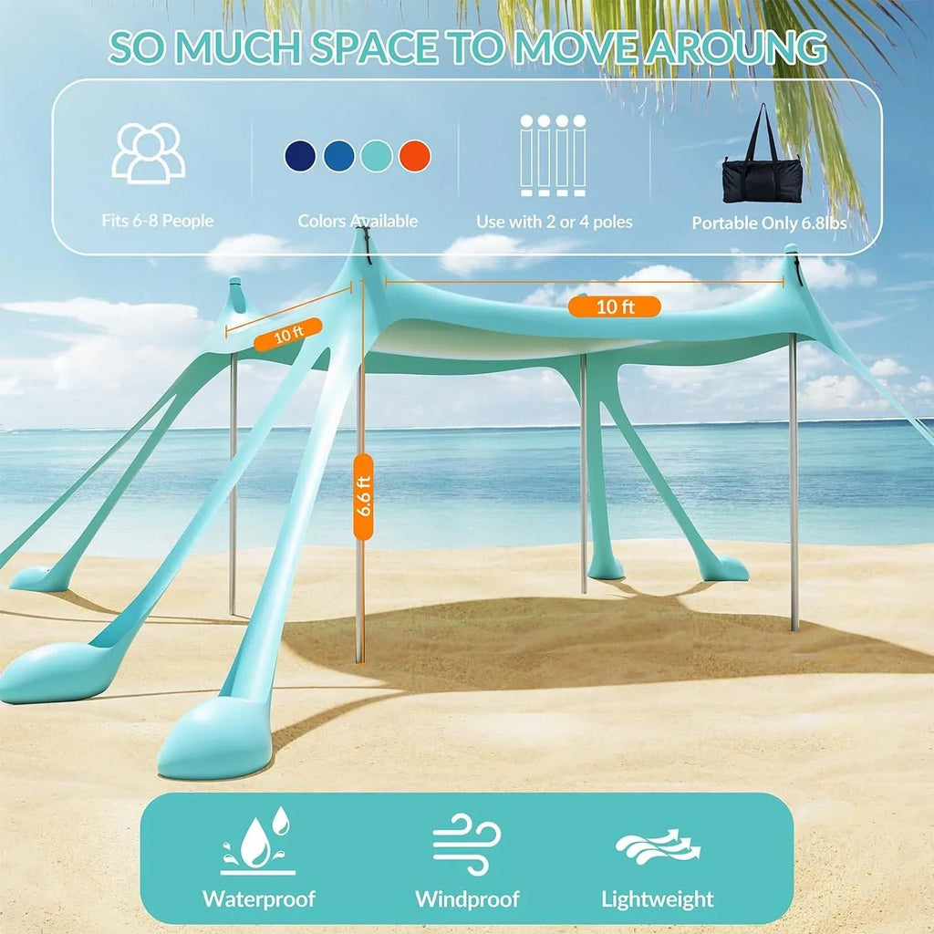 Beach Tent Canopy with 8 Sandbags 4 Aluminum Poles, Pop Up Portable Camping Sun Shelter, Easy Set Up with 2 Sand Shovel, Ground Pegs, Carrying Bag for Outdoor Beach,Picnic, Fishing