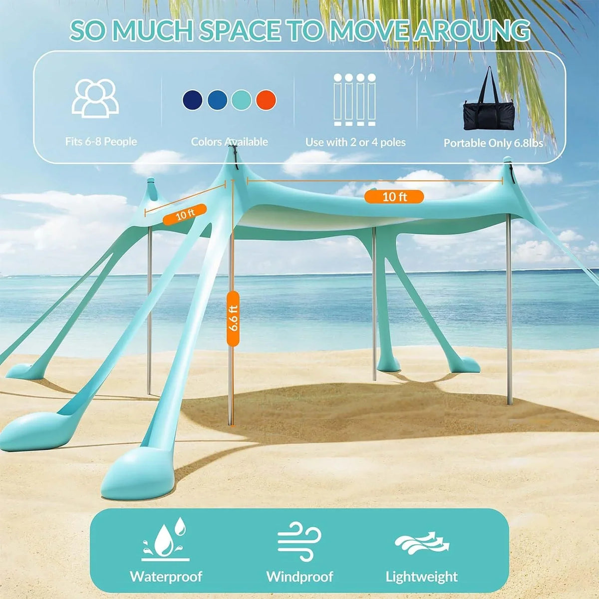 Beach Tent Canopy with 8 Sandbags 4 Aluminum Poles, Pop Up Portable Camping Sun Shelter, Easy Set Up with 2 Sand Shovel, Ground Pegs, Carrying Bag for Outdoor Beach,Picnic, Fishing