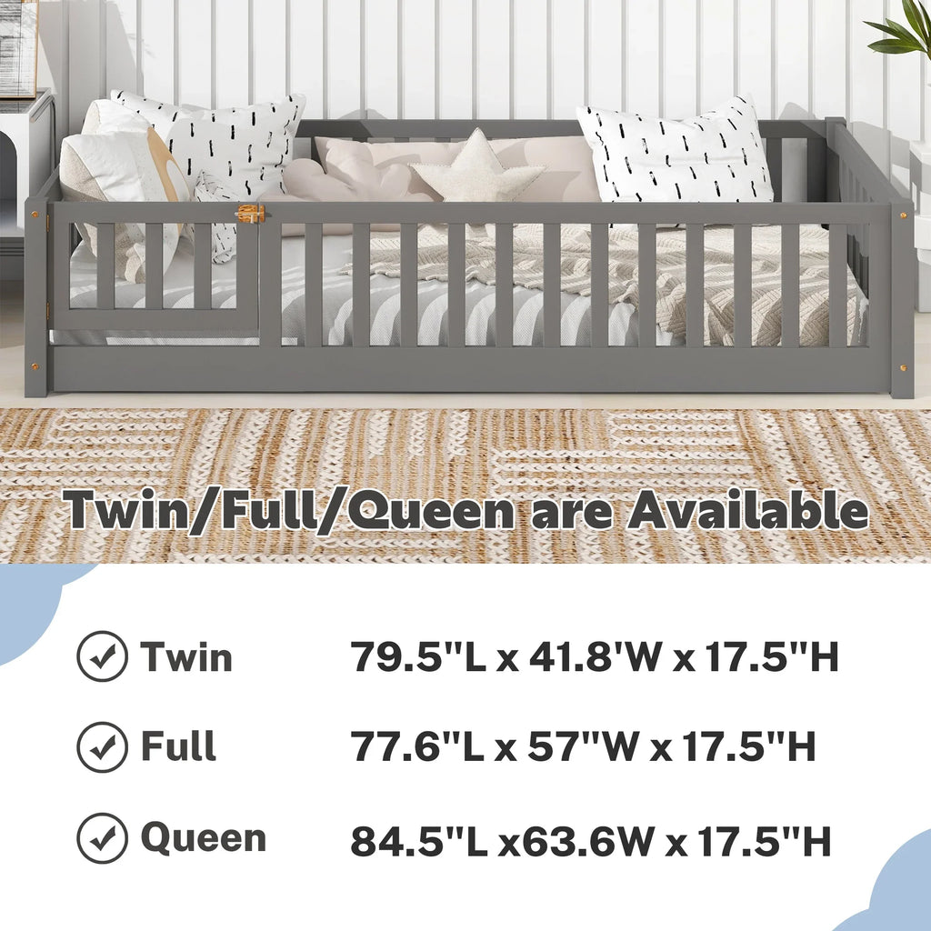 PAPROOS Twin Size Floor Bed, Solid Wood Toddler Bed with Slat, Fence Guardrail and Door, No Box Spring Needed, Montessori Bed, Twin Bed for Kids, Boys, Girls, Gray