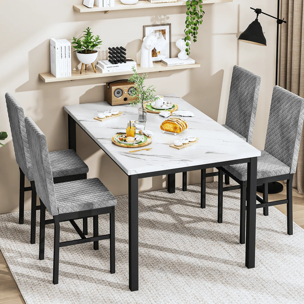 Baxluxe Dining Table Set for 4, Modern 5 Piece Dining Table Set, Faux Marble Kitchen Table and 4 Velvet Upholstered Chairs for Apartments, Dining Rooms, Small Spaces, Gray
