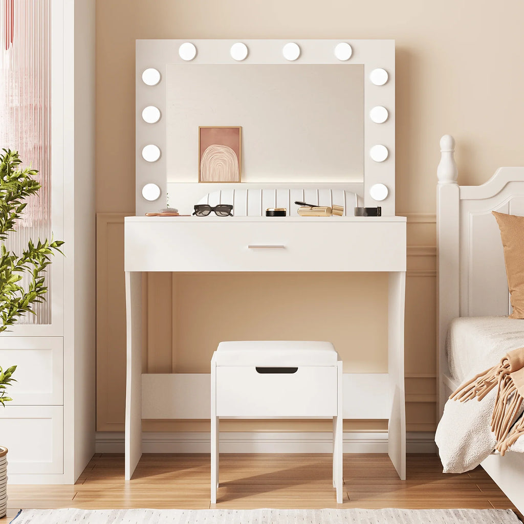 Vanity Table Set with Lighted Mirror,Makeup Vanity with Lights, Large Drawer Sturdy Wood Vanity, White