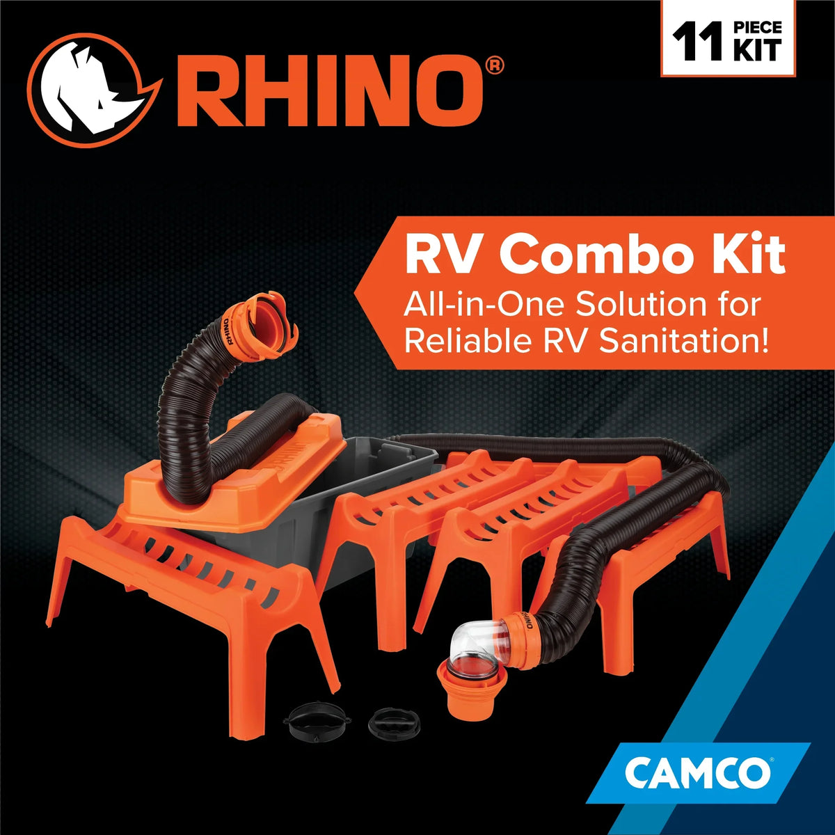 Camco Rhino 12-Piece RV Sewer Kit for Camping, 20-Ft Sewer Hose & Storage Box, 1 Pack - Orange (43075)