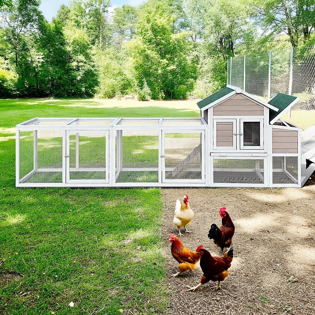 Pefilos 112" Large Outdoor Wooden Chicken Coop with Run, Slide-Out Tray, Rabbit Hutch Poultry Cage, Hen House with Nest Box, Gray