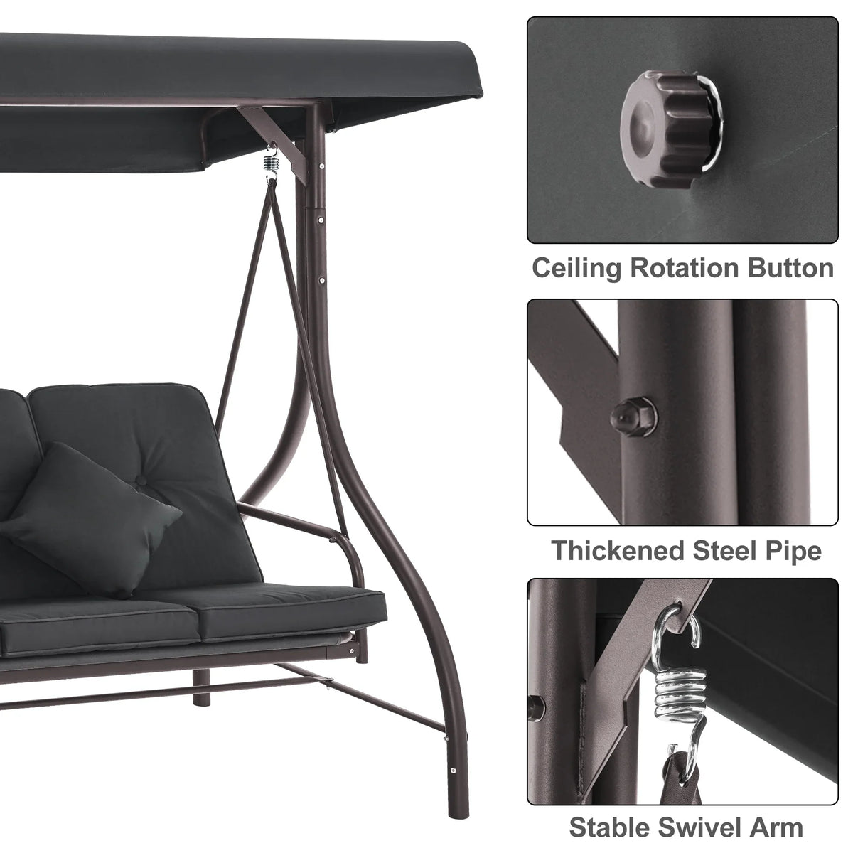 MCombo 3-Seat Outdoor Patio Swing Chair Cushioned with Adjustable Backrest and Canopy, Pillow, Brown