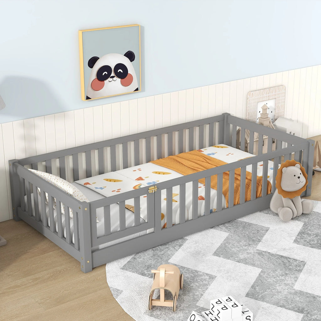 PAPROOS Twin Size Floor Bed, Solid Wood Toddler Bed with Slat, Fence Guardrail and Door, No Box Spring Needed, Montessori Bed, Twin Bed for Kids, Boys, Girls, Gray