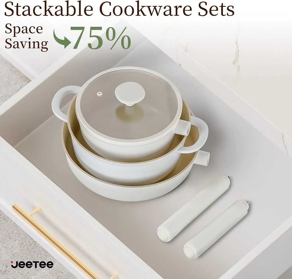 Ceramic Cookware Set, 13 Pcs Nonstick Pots Pans with Removable Handles, Healthy Oven Safe Cooking Set for Family