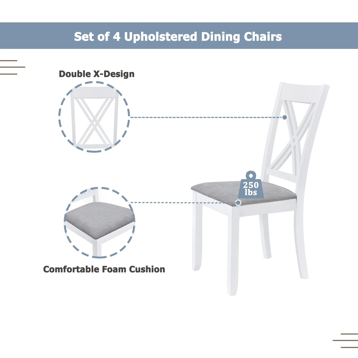 Seizeen Solid Wood Kitchen Table and Chairs, Dining Room Table Set for 4 with Gray Upholstered Chairs, Wood Grain Table Heavy-Duty Frame, Rustic Minimalist Style Breakfast Nook Set