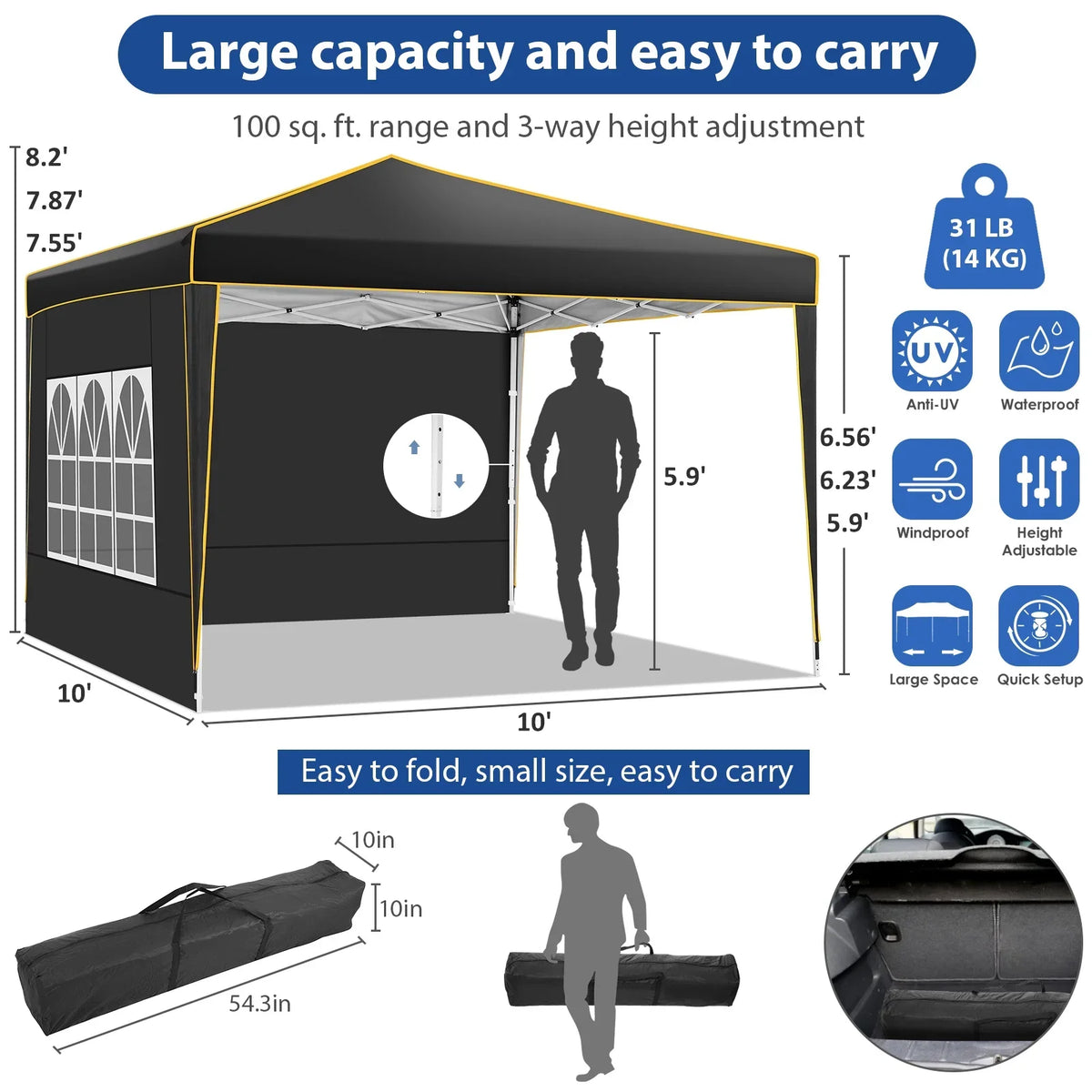 SANOPY 10x10 ft Pop up Canopy, Instant Shelter with 4 Sidewalls & Sandbags, Portable Outdoor Waterproof Canopy with Carry Bag for Camping Party Event Sun Shade