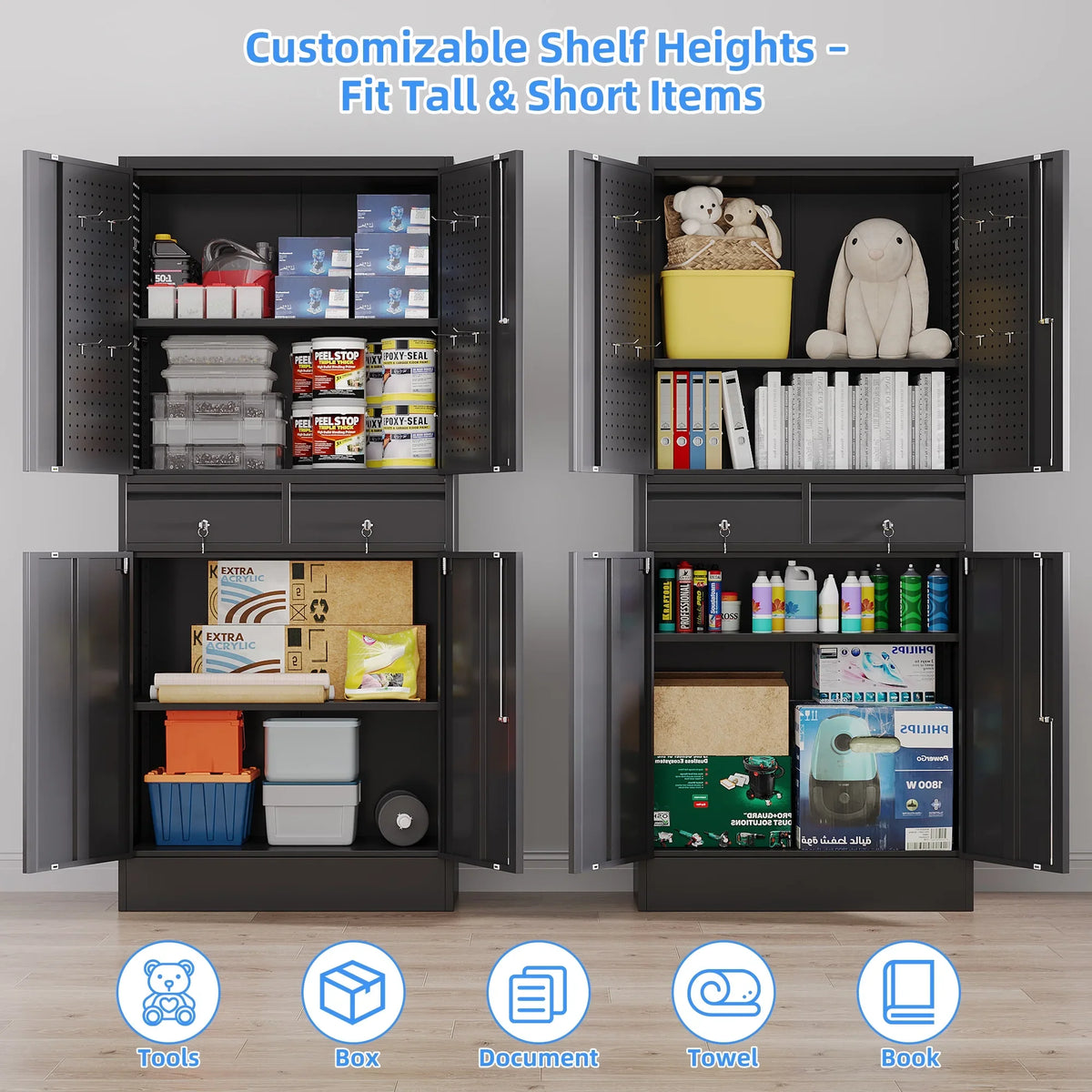 GAEANET 2 Door Metal Storage Cabinet with 5 Adjustable Shelves &Pegboard, 71" H"32" W"16" D Locking Steel Garage Cabinet, for Garage,Office,Home,Gym,School, File Cabinet,Assembly Required, Black