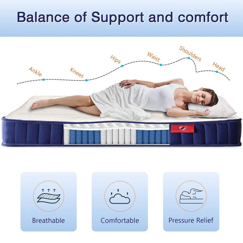 Twin Mattress,Hybrid Innerspring and Memory Foam Mattress in a Box,Medium Firm Support with Cooling Fabric,CertiPUR-US Certified,75"x39"x6",White+Blue