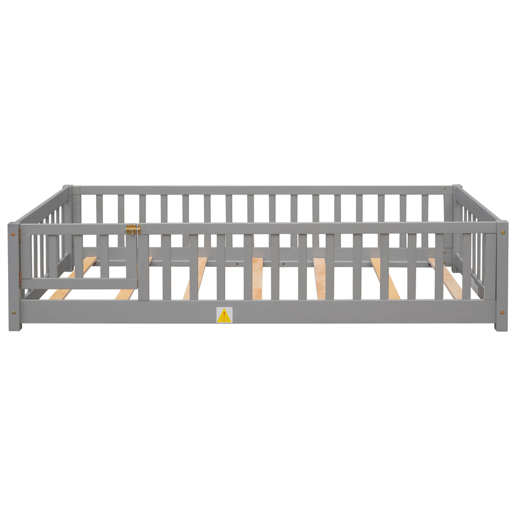 PAPROOS Twin Size Floor Bed, Solid Wood Toddler Bed with Slat, Fence Guardrail and Door, No Box Spring Needed, Montessori Bed, Twin Bed for Kids, Boys, Girls, Gray