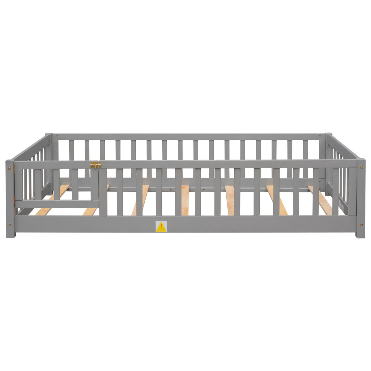 PAPROOS Twin Size Floor Bed, Solid Wood Toddler Bed with Slat, Fence Guardrail and Door, No Box Spring Needed, Montessori Bed, Twin Bed for Kids, Boys, Girls, Gray