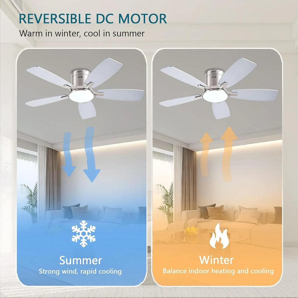 42 Inch Low Profile Ceiling Fans with Lights and Remote, Flush Mount Modern Ceiling Fan, 3 CC T DC Ceiling Fan for Bedroom, Living Room, Brushed Nickel
