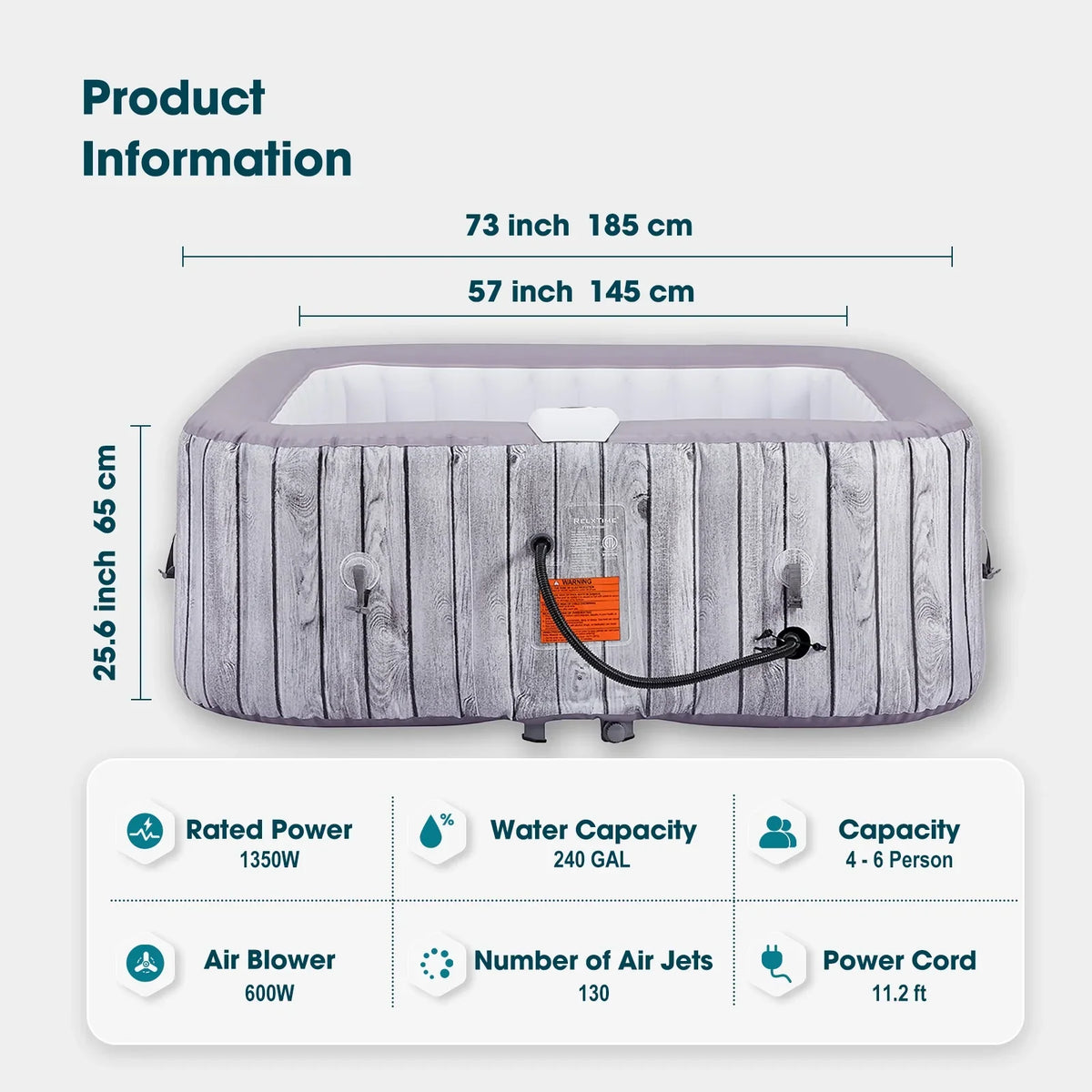 RELXTIME Inflatable Hot Tub 4 to 6 Person 73 Inch Outdoor Square Portable Home Spa with 130 Soothing AirJets,Spa Cover