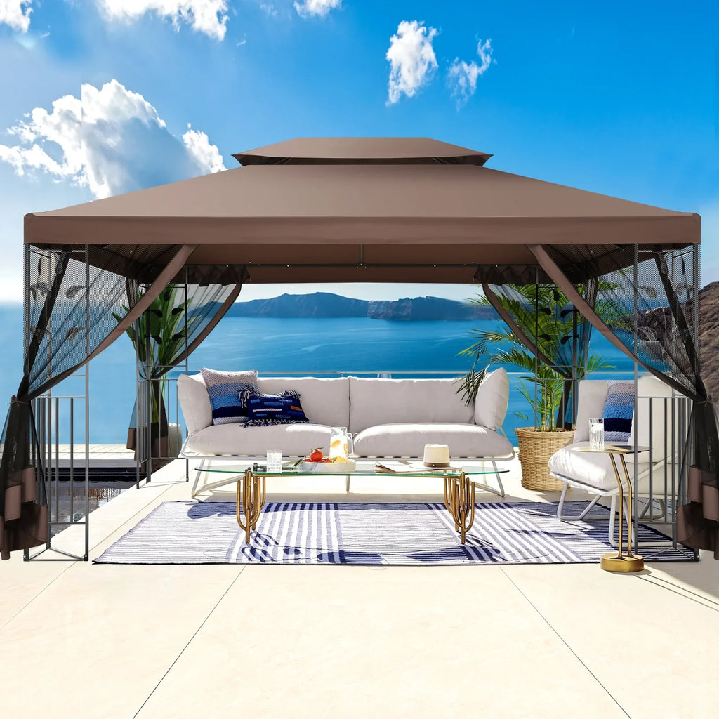 COBIZI 10' x 13' Pop Up Gazebo, Screened Patio Gazebo, Outdoor Steel Double Roof Canopy Tent, Metal Frame Canopy with Mosquito Netting, Sunshade for Garden, Lawns, Gray