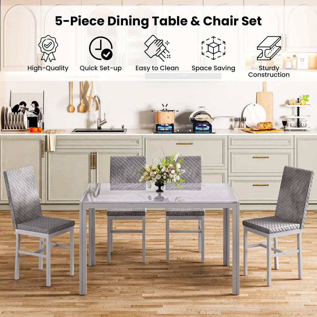 Baxluxe Dining Table Set for 4, Modern 5 Piece Dining Table Set, Faux Marble Kitchen Table and 4 Velvet Upholstered Chairs for Apartments, Dining Rooms, Small Spaces, Gray