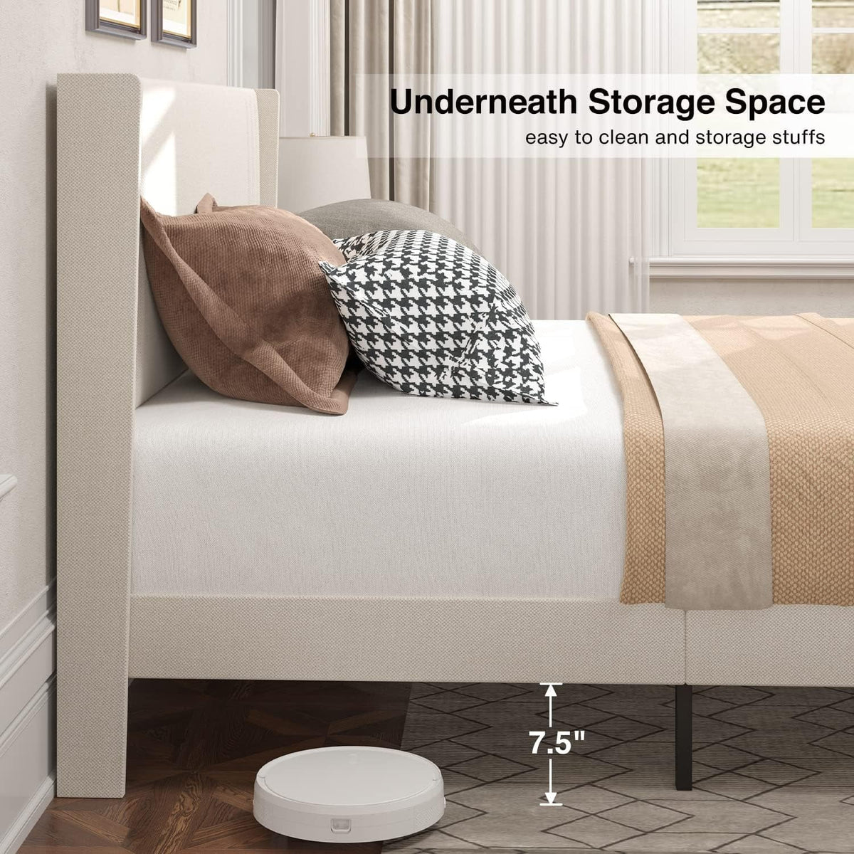 Lofka Queen Bed Frame with Headboard, Upholstered Platform Bed with Headboard, No Box Spring Needed/Easy Assembly, Beige