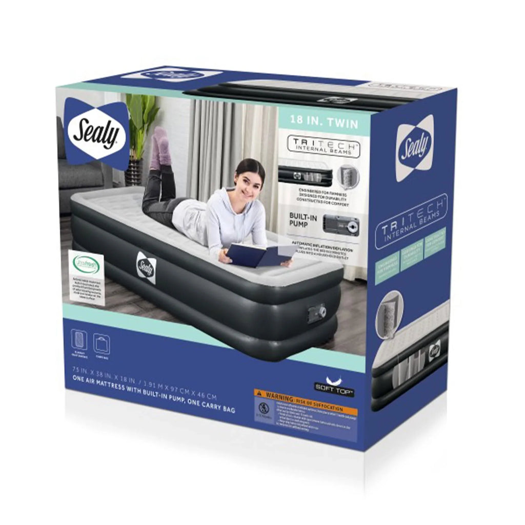 Tritech 18" Inflatable Air Mattress Bed with Built-in Pump, Storage Bag, and Repair Patch, for Indoor and Outdoor Use, Twin