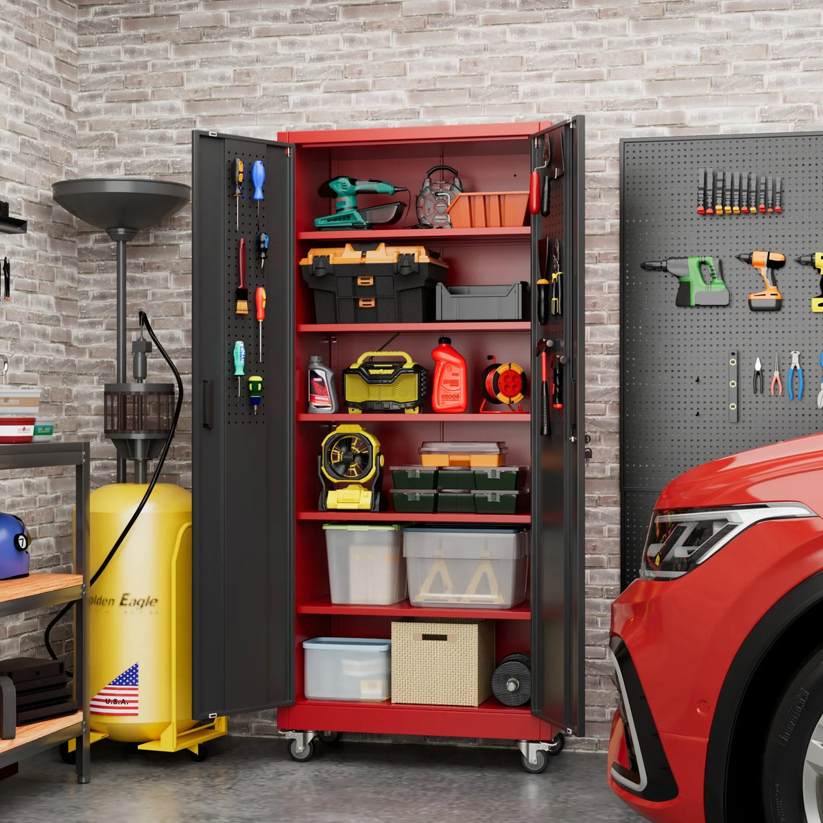 GangMei 71 inches Tall Metal Rolling Garage Storage Cabinets with Locking Doors and 5 Adjustable Shelves, Metal Storage Cabinet for Garage, Office, Home, Classroom, Assemble Required(Black)