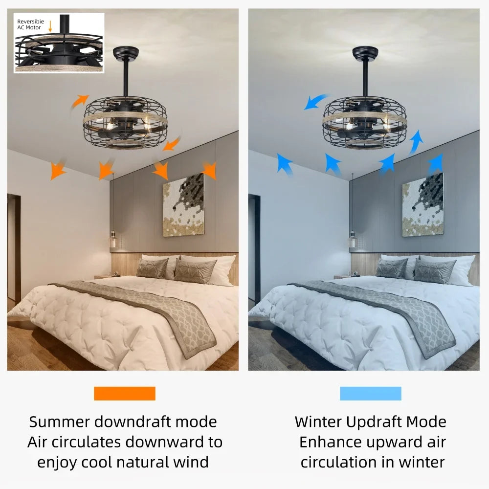 18'' Farmhouse Ceiling Fans Light - Caged Ceiling Fan with Remote Control (3-Speeds Adjustable), Wood Rustic Enclosed Reversible Ceiling Fans for Bedroom, Living Room, Kitchen.